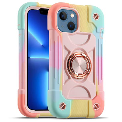 MARKILL Compatible with iPhone 14 Case/iPhone 13 Case 6.1 Inch with Built-in 360°Rotating Ring Stand, Military Grade Drop Protection Full Body Rugged Heavy Duty Durable Cover. - color: Rainbow Pink, size: iPhone 14/iPhone 13 6.1"