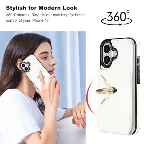 Folosu for iPhone 17 Case Wallet with Card Holder, Finger Ring Cover White - color: White
