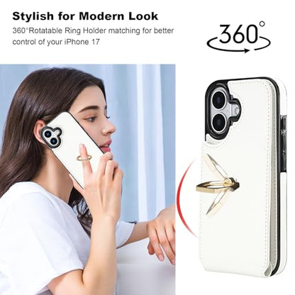Folosu for iPhone 17 Case Wallet with Card Holder, Finger Ring Cover White - color: White