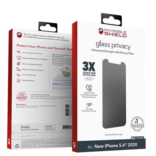 ZAGG InvisibleShield Glass Privacy Screen Protector for iPhone 12 Mini - 3X Impact and Scratch Protection, Strongest Tempered Glass, Smudge-Free, Smooth Silky Feel, Two-way Side View