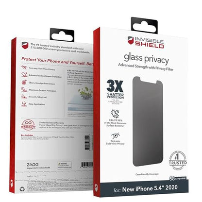 ZAGG InvisibleShield Glass Privacy Screen Protector for iPhone 12 Mini - 3X Impact and Scratch Protection, Strongest Tempered Glass, Smudge-Free, Smooth Silky Feel, Two-way Side View