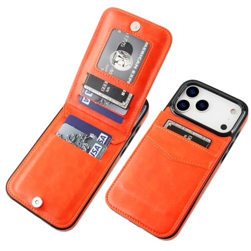 KIHUWEY for iPhone 17 Pro Max Wallet Case Card Holder Kickstand, Orange | Credit Card Slots, PU Leather, Magnetic Clasp, Flip Heavy Duty Protection Cover for Men - color: Orange