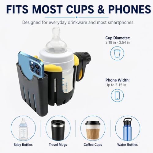 2 in 1 Universal Cup Holder with Phone Mount Tool-Free Clamp On for Stroller Walker Wheelchair Bike Scooter 360 Degree Rotatable Yellow - color: Yellow
