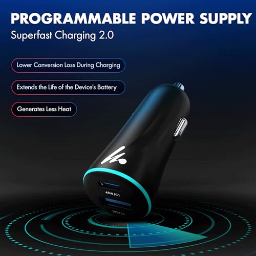 PD 45W superfast Wozoyo Charging 2.0 Car Charger with Type C & USB A,Power Delivery, PPS & QC 3.0, Dual Port (45W + 18W), 12V–24V Compatible, Multi-Layer Protection, 2-Years Manufacturer Warranty
