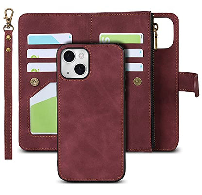 iCoverCase Compatible with iPhone 13 Wallet Phone Case with Card Holder, PU Leather Zipper Pocket Magnetic Detachable Flip Case with Wrist Strap (Claret) - color: Detachable--Claret