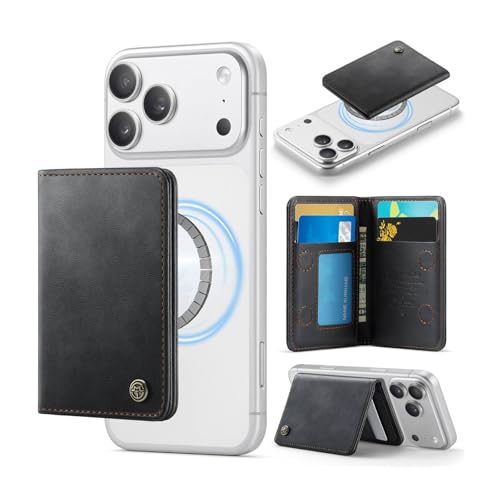 Magnetic Wallet Card Holder with RFID Protection, PU Leather Slim Wallet, Strong Magnet Attachment for iPhone 18/17/16/15/14/13/12 Series Pro Max Plus Mini-Black - color: Black