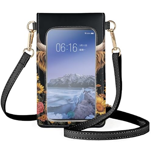 WELLFLYHOM Mini Touchscreen Crossbody Phone Bags for Women with Card Slots Shoulder Bag Purse Leather - color: 1 Highland Cow Sunflower