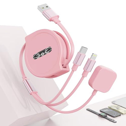 MTAKYI Retractable Multi 3-in-1 USB C+Lightning Charging Cable+Apple iWatch Charger Cable,Travel Multiple Car Charge Cord for iWatch Series 9 8 7 6 5 SE/iPhone 14 13 12 Pro/Samsung -Pink