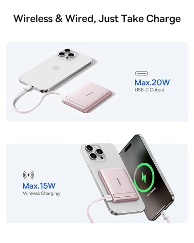 Baseus Picogo Power Bank, Smallest Qi2 Certified 15W MagSafe Portable Charger, 0.5" Ultra Slim 5000mAh Magnetic Battery Pack with Stand, Alloy Wireless Charger for iPhone 17 Pro Max/17 Air/16 Series - color: Nebula Pink