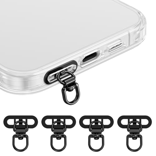saxsion Side-Mount Phone Tether Tab, Metal Lanyard Patch, 360° Swivel Clip, 304 Stainless Steel, Won't Block Charging Port - color: Classic Black*4