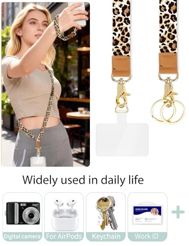 Phone Lanyard Crossbody Strap, Adjustable Neck Strap and Wristlet Strap for Phone Wallet ID Badge with 2 Phone Tabs - color: Leopard Print