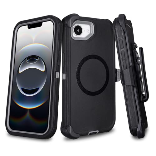 Defender for iPhone 16e Case with Belt Clip and Kickstand, Black Grey 6.1" | Compatible with MagSafe, Heavy Duty Drop Protection, Rugged Shockproof Protective Case for iPhone 16e with Kickstand - color: Black+Grey