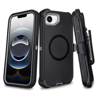 Defender for iPhone 16e Case with Belt Clip and Kickstand, Black Grey 6.1" | Compatible with MagSafe, Heavy Duty Drop Protection, Rugged Shockproof Protective Case for iPhone 16e with Kickstand - color: Black+Grey