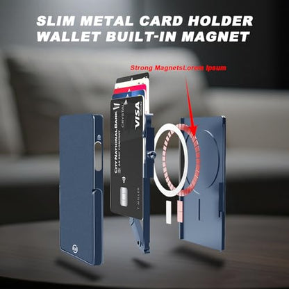 Magnetic Phone Wallet with Adjustable Stand,Pop up Phone Card Holder Quick Access to Bank/Credit Cards, 3.93 * 2.96 * 0.31 Inches Compact Metal Case with RFID Blocking Protection (Royal Blue) - color: Royal Blue