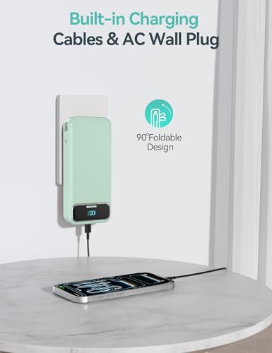 aonidi Portable Charger 20000mAh with Built-in Cables&AC Wall Plug, Green - color: Lime