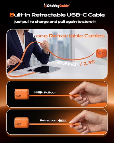 ChubbyCable 65W GaN Wall Charger with Retractable USB C Cable, Orange
