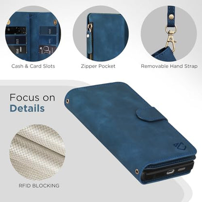 for Samsung Galaxy S25-FE-Wallet Case: with RFID Blocking Card Slots (6 Cards) | Soft PU Leather Magnetic Snap Zipper Pocket | Crossbody Wrist Strap Protective Phone Cover - Blue - color: Blue, size: Galaxy S25 FE（6.7‘’）