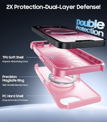 Magnetic for iPhone 17e Case Rugged Dual-Layer Shockproof Pink | Military-Grade Heavy Duty Protection, Fit for Magsafe, Matte Finish Scratch Resistant Anti-Fingerprint Anti-Slip Phone Cover - color: Pink