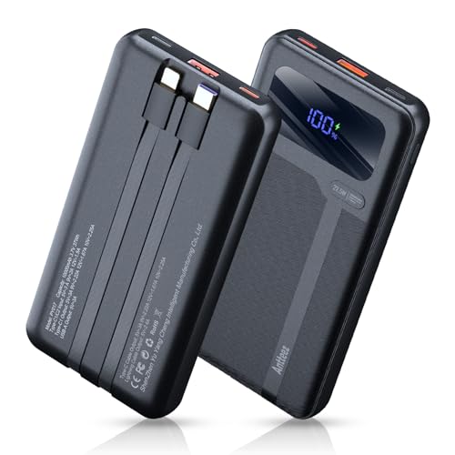 Antteez Portable Charger with Built in Cable - 10000mAh Fast Charging 22.5W Power Bank USB C LED Display Travel Battery Pack 4 Outputs & 2 Inputs for iPhone Samsung iPad Phones Tablets