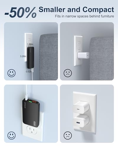 65W GaN Flat USB Wall Charger Block - 3 Port Foldable USB Charging Block - color: Black