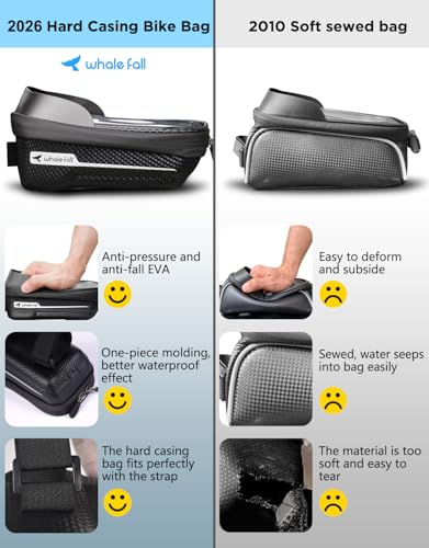 whale fall Bike Frame Bag Waterproof, 3D EVA Hard Shell, Bike Phone Holder | Top Tube Bag with TPU Touchscreen, Fits Phones up to 7", Adjustable Straps for Most Frames, Includes Rain Cover - color: Black
