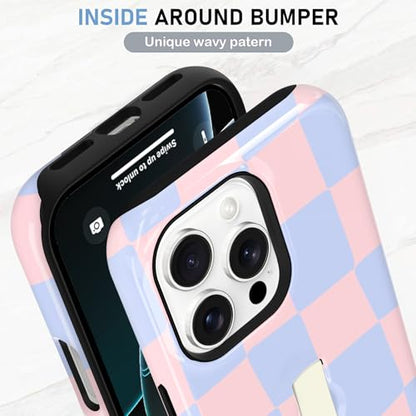 KANGHAR Compatible with iPhone 16 Pro Max Case Checkered -Pink Blue | Silicone Cute Pattern, Finger Hold Wristband Kickstand Camera Protection Soft Slim Phone Case for Girls Women - color: (Checkered)Pink Blue, size: iPhone 16 Pro Max