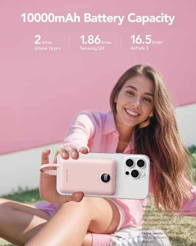 Mini Portable Charger with Built-in Cables 22.5W Fast Charging Power Bank USB-C Small Battery Pack 10000mAh Travel Essential Slim Battery for iPhone 17/16/15/14, Samsung 25/24, and More - color: Pink