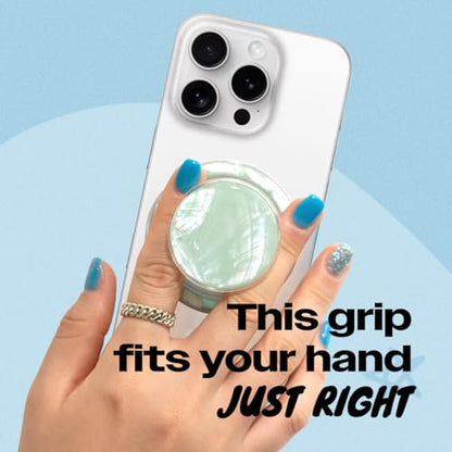 On The Grip Magnetic Phone Grip for MagSafe, Genuine Natural Crystal & Seashell Stone, Swappable Top, Strong Magnet Holder & Kickstand for iPhone 15 14 13 12 Pro Max Plus & MagSafe Cases (Aqua Blue)