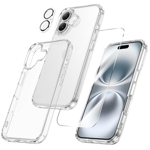 Maxdara for iPhone 16 Clear Case | 3 in 1, with Front Tempered Glass Screen Protector & Camera Lens Protector, Anti-Yellowing Cover for iPhone 16 6.1 Inch - color: A-Clear, size: for iPhone 16
