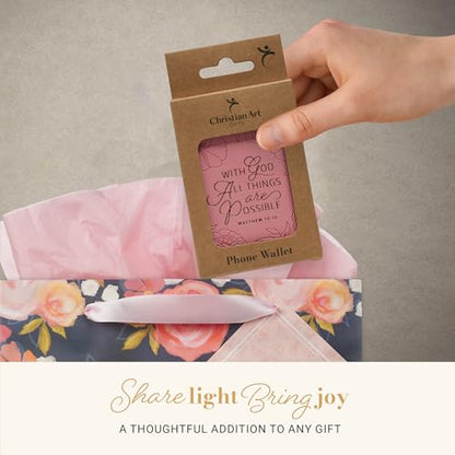 Christian Art Gifts Magnetic Faux Leather Phone Wallet for Women: Pink Debossed Florals & Gold, All Things are Possible Inspiring Scripture Design, Mag-Safe Compatible, Cash & Card Holder, 3.8" x 2.5" - color: All Things are Possible/Pink Floral