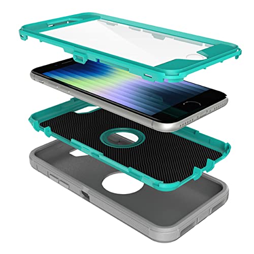 MXX Designed for iPhone SE Case 2020/2022 Heavy Duty Protective Case with Screen Protector [3 Layers] Rugged Rubber Protection Cover & Rotating 360 Degree Belt Clip SE 3rd/2nd Gen (Gray/Light Blue) - color: Gray/Light Blue