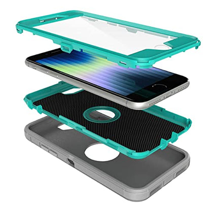 MXX Designed for iPhone SE Case 2020/2022 Heavy Duty Protective Case with Screen Protector [3 Layers] Rugged Rubber Protection Cover & Rotating 360 Degree Belt Clip SE 3rd/2nd Gen (Gray/Light Blue) - color: Gray/Light Blue
