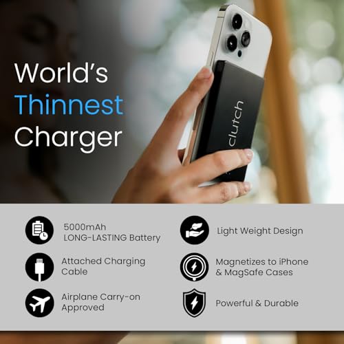 Clutch Pro – World's Thinnest Portable Charger – USB-C Power Bank 5000mAh – Magnetic Built-in Cable – TSA Approved Travel Charger – iPhone 15/16/17 & Android – Black - color: Black