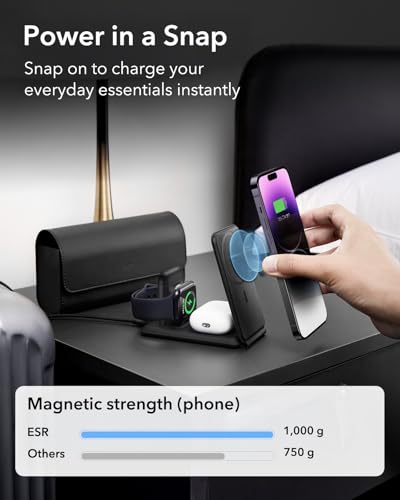 ESR for 3 in 1 Magsafe Charger, Travel Charger Stand Made for Apple Watch Certified, Foldable Charging Station Compatible with Magsafe and iPhone 17e/17/16/15/14/13/12, AirPods 4/3/Pro, Black