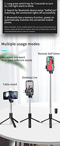 PINHEN Selfie Stick Tripod with Light, Extendable 360° Rotation Tripod Stand with Detachable Wireless Remote 3 in 1 Portable Mobile Phone Holder Compatible with iPhone Android Sansung(White+Light) - color: White+Light
