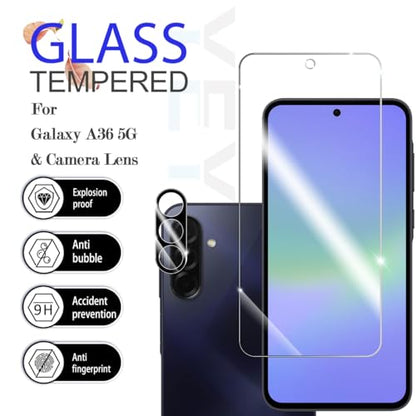 Galaxy A36 HD Clear Tempered Glass Screen Protector + Camera Lens Protectors, [2+2 Pack] [3D Glass] [Anti-Glare] [Bubble-Free] Screen Protector Glass For Samsung Galaxy A36 - size: Galaxy A36