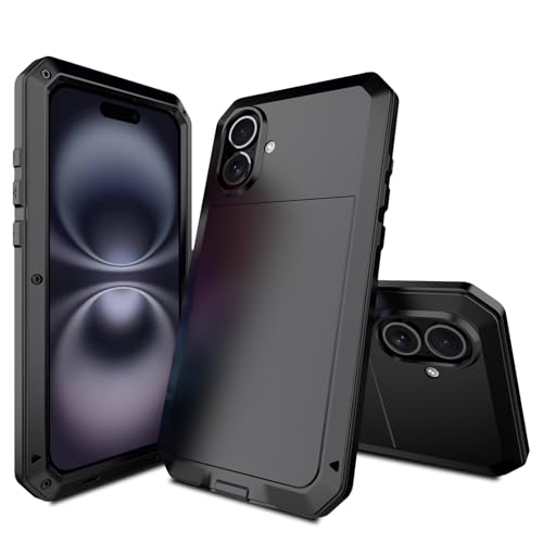 for iPhone 16 Metal Case 6.1",Heavy Duty Shockproof Aluminum Alloy Tough Armour Military Grade Phone Case,360 Full Body Protective Cover with Silicone Built-in Screen Protector - Black - color: Black