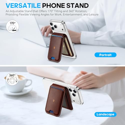 SHIELDON Genuine Leather Magnetic Wallet Stand for MagSafe, Retro Coffee | Strong Magnetic, 6 Card Holder, Kickstand, Angle Adjustment, Rfid Blocking, Quick-access, for iPhone 17/16/15/14/13/12 Series - color: Retro Coffee