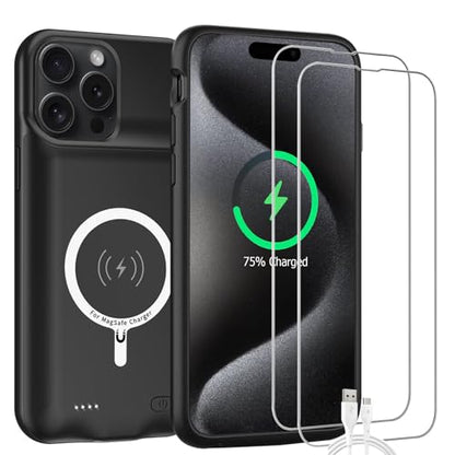 Battery Case for iPhone 15 Pro Max, 12000mAh High-Capacity Protective Rechargeable Extended Charger Cover Compatible with iPhone 15 Pro Max (6.7 inch) Wireless Charging Case Support Carplay - Black - size: iPhone 15 Pro Max