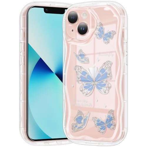 Compatible for iPhone 13 Case, Pretty Butterfly Print Three-Dimensional Wave Clear Case for Girls Women, Soft Full Package Anti-Fall Cover for iPhone 13, Water Blue Butterfly - color: Water Blue Butterfly, size: iPhone 13