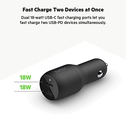 Belkin USB-C PD Car Charger 36W (Dual 18W USB-C Power Delivery Car Charger & USB-C to USB-C Cable, USB Type-C Cable (3.3ft/1m, Black