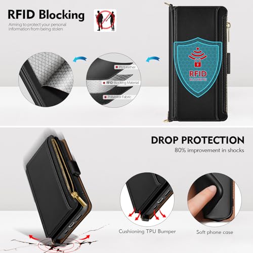 Antsturdy Crossbody Phone Wallet Case for iPhone 14 Plus,Black | RFID Blocking,PU Leather Flip Cover,Kickstand,with Credit Card Holder,Wrist Strap Lanyard & Handbag Purse,for Women & Men - color: (Crossbody) - Black