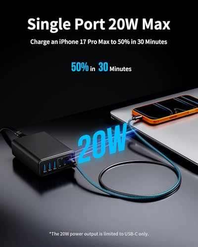 105W USB C Charger Block, 6-Port GaN Desktop Charger USB C Charging Station - color: Black, size: 105W