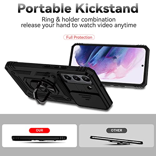for Samsung Galaxy S22 Case with Camera Lens Cover HD Screen Protector, Dual Layer Military-Grade Drop Tested Magnetic Ring Holder Kickstand Protective Phone Case for Samsung Galaxy S22 5G (Black) - color: Black with camera cover Military-Grade 2nd gen