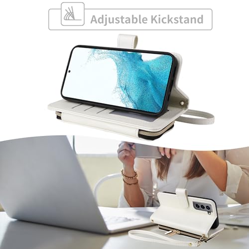 Wallet Case for Samsung Galaxy S21 5G 6.2 inch with Wrist Strap, 9+ Card Slots Zipper Purse, Luxury PU Leather Stand Full Body Accessories Cell Phone Cover for S 21 21S G5 Women Girls White | Girls, Wrist/Shoulder Strap, 9+ Card Slots Zipper Purse, Luxury