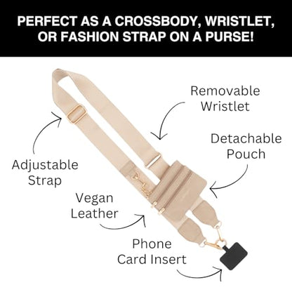 Save the Girls Clip & Go Phone Lanyard Crossbody Strap with Wallet, Taupe - color: Neutral Taupe Strap