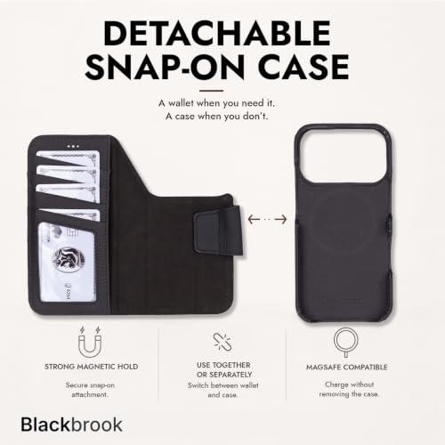 BLACKBROOK Detachable Leather Wallet Case Compatible with iPhone 17 Pro | Full-grain detachable folio with RFID blocking, 3 card slots, ID window, built-in kickstand, wireless charging, handcrafted. - color: Pebble Black, size: iPhone 17 Pro