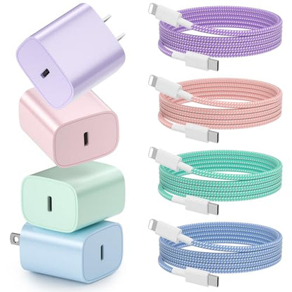 Phone Charger Fast Charging, 4 Pack 20W USB C Wall Charger Block with Cable