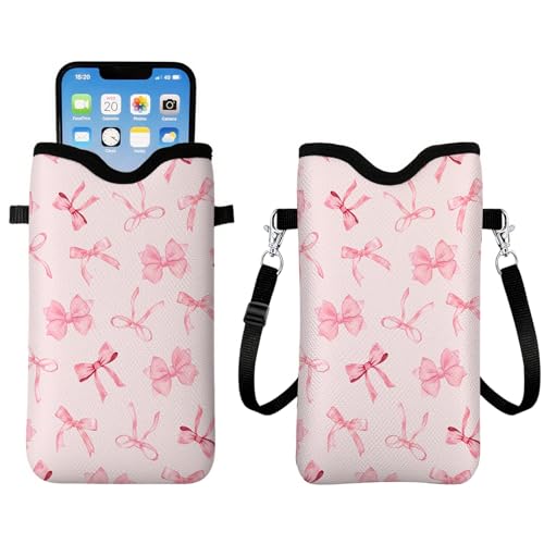 Pink Bow Neoprene Cell Phone Sleeve Pouch Case Bag for Women, Lightweight Sleeve with Crossbody Strap/Neck Lanyard, Crossbody Bags for Girls Pink Bow Phone Bag, 7.1 X 3.9 inch - color: Bow2