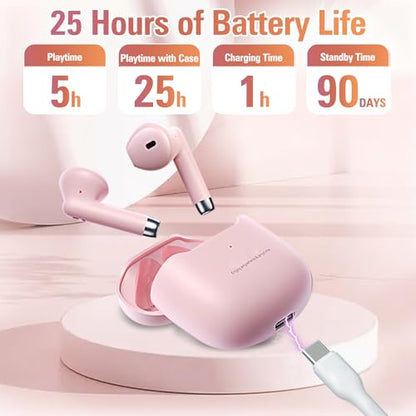 Xmenha True Wireless Earbuds Bluetooth 5.3 with Microphone for Working Out Noise Canceling Blue Tooth Ear Buds Deep Bass TWS Wireless Earphones with Charging Case in Ear Headphone for iPhone Android - color: Pink